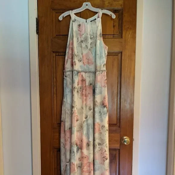 SLNY Dresses Slny Maxi Dress Floral Peach Blue Halter Embellished Floral Print Gown Size 4 Poshmark